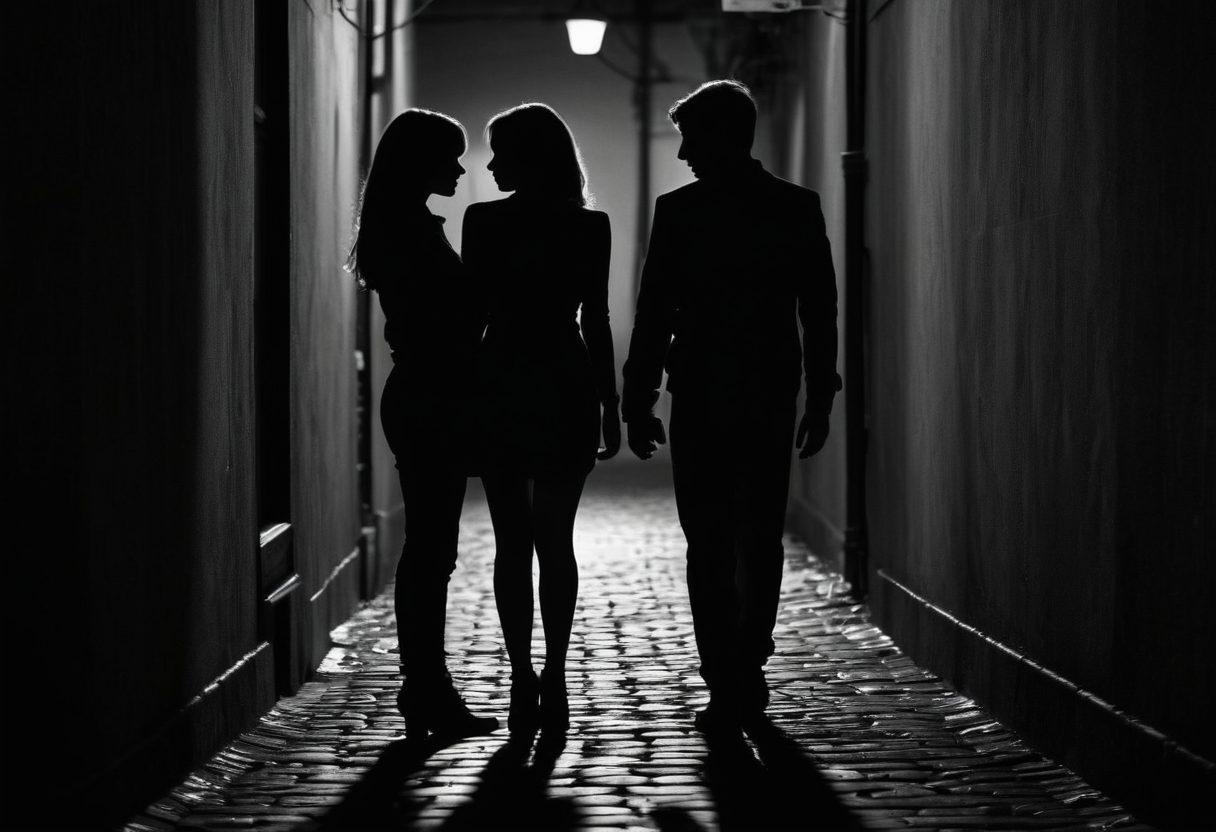 A captivating image featuring a shadowy alley representing secrecy and boundaries, with a pair of intertwined silhouettes symbolizing forbidden love. The background should have subtle hints of digital screens showcasing coerced adult content, with a blurred effect to maintain a sense of mystery. Use contrasting colors to evoke intrigue and emotion. surreal art. dark tones. cinematic lighting.