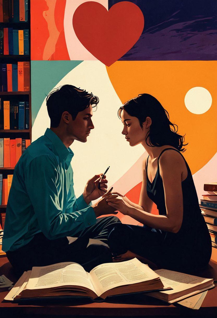 A thought-provoking scene depicting two individuals engaged in a deep conversation, surrounded by a backdrop of abstract representations of sensuality and ethics, symbolizing tension and understanding. Elements such as books, heart shapes, and film reels seamlessly blend to illustrate the intersection of relationships and entertainment. The atmosphere should convey a mix of intimacy and reflection, with soft lighting casting intriguing shadows. vibrant colors. painterly style.