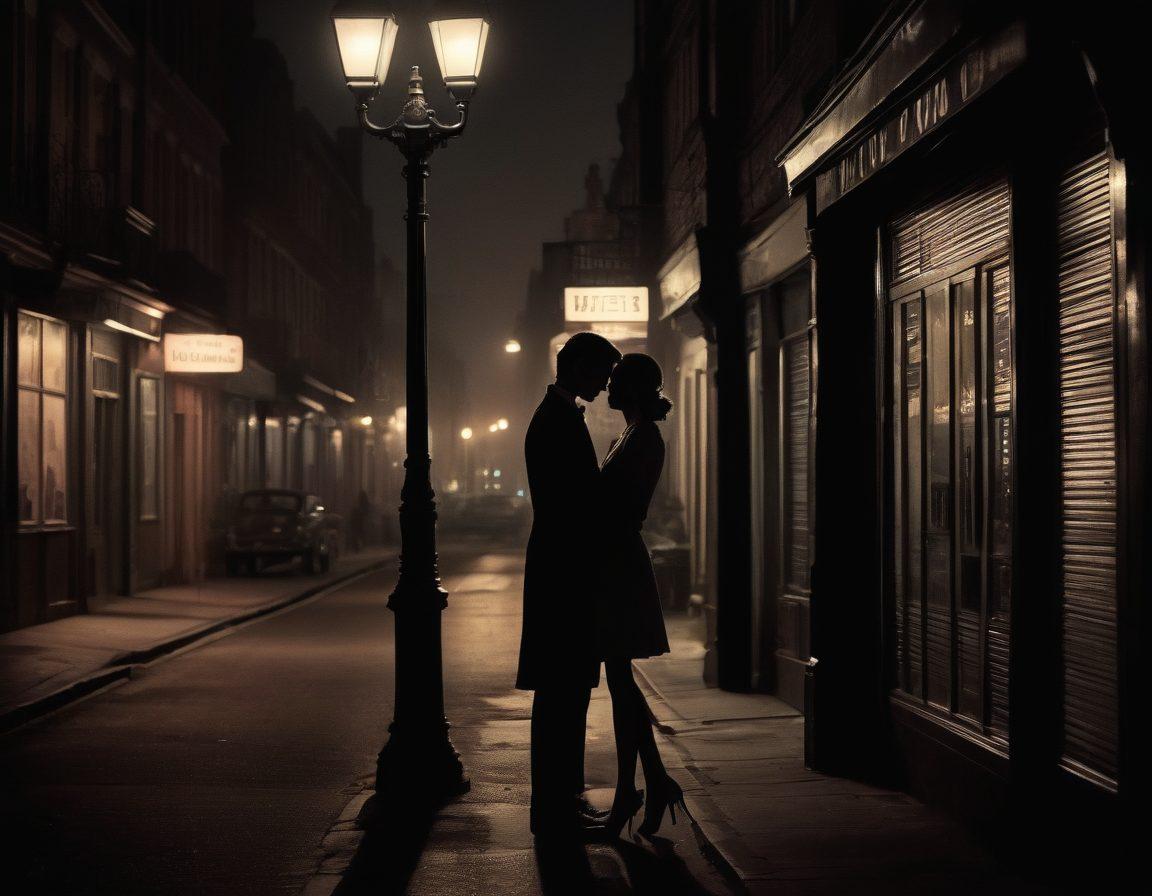 A shadowy yet romantic scene capturing two lovers meeting secretly under a dimly lit streetlamp, with a backdrop of vintage film reels and subtle hints of coercion, like a taunting eye watching them from the shadows. The lovers should be portrayed in a moment of longing, dressed in classic romantic attire, evoking a sense of nostalgia and tension. Soft, muted colors with a touch of vibrancy to emphasize their passion against the dark theme. cinematic style. dramatic lighting.